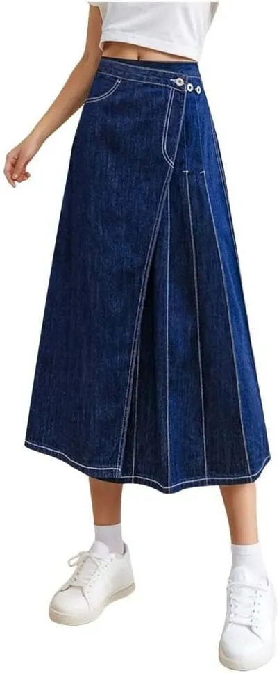 Adhdyuud Women High Waist Pleated Denim Skirt Asymmetrical Button Design Casual A Line Elegant Midi Skirt