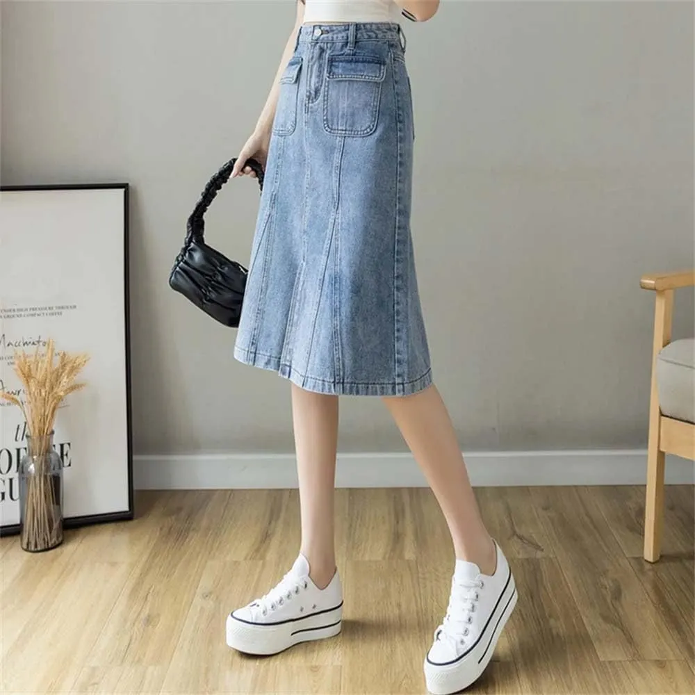 Adhdyuud Women Summer Sexy Denim Skirt Casual Button-Fly A-Line Long Jean Skirts with Pockets