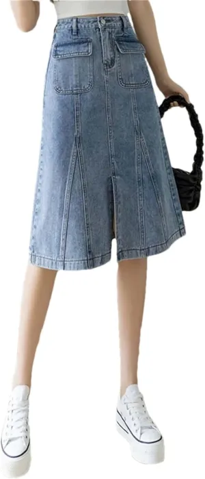 Adhdyuud Women Summer Sexy Denim Skirt Casual Button-Fly A-Line Long Jean Skirts with Pockets