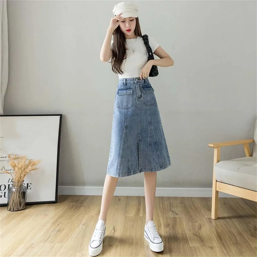 Adhdyuud Women Summer Sexy Denim Skirt Casual Button-Fly A-Line Long Jean Skirts with Pockets