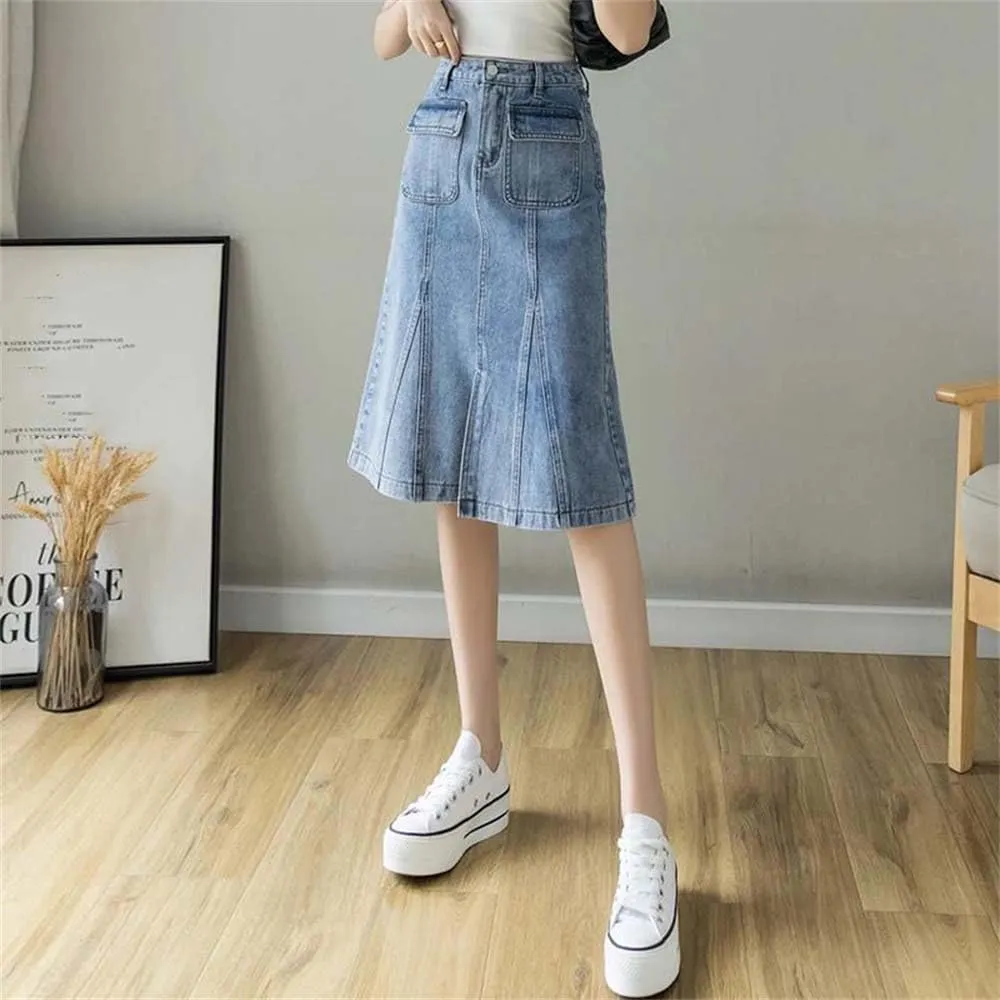 Adhdyuud Women Summer Sexy Denim Skirt Casual Button-Fly A-Line Long Jean Skirts with Pockets