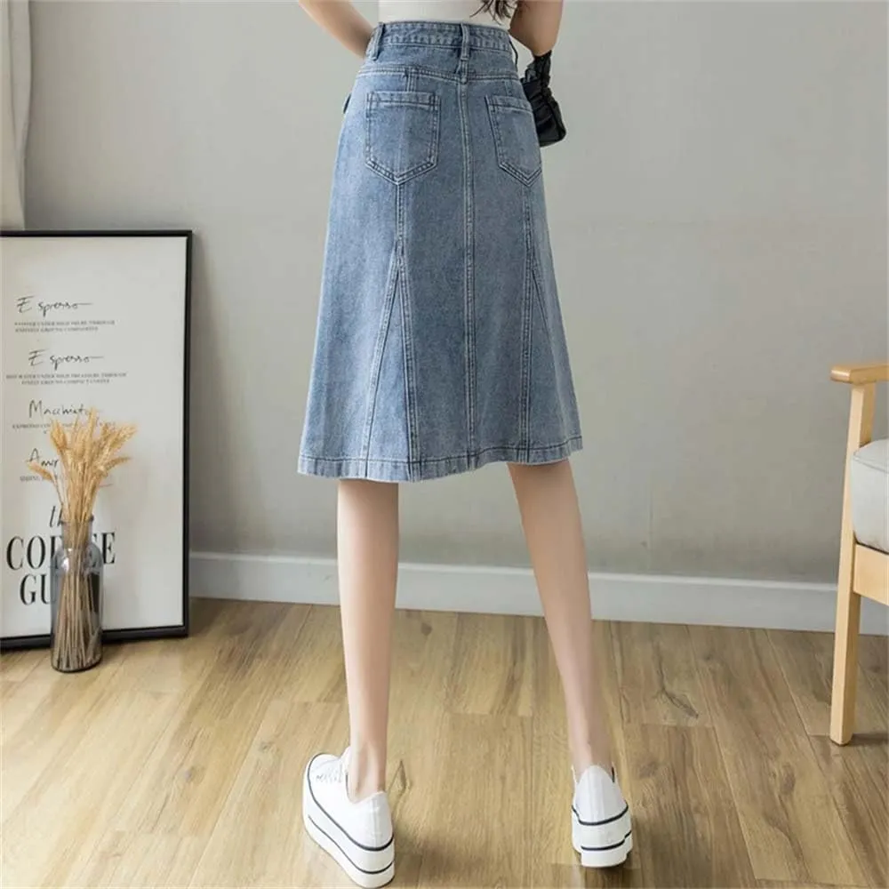 Adhdyuud Women Summer Sexy Denim Skirt Casual Button-Fly A-Line Long Jean Skirts with Pockets