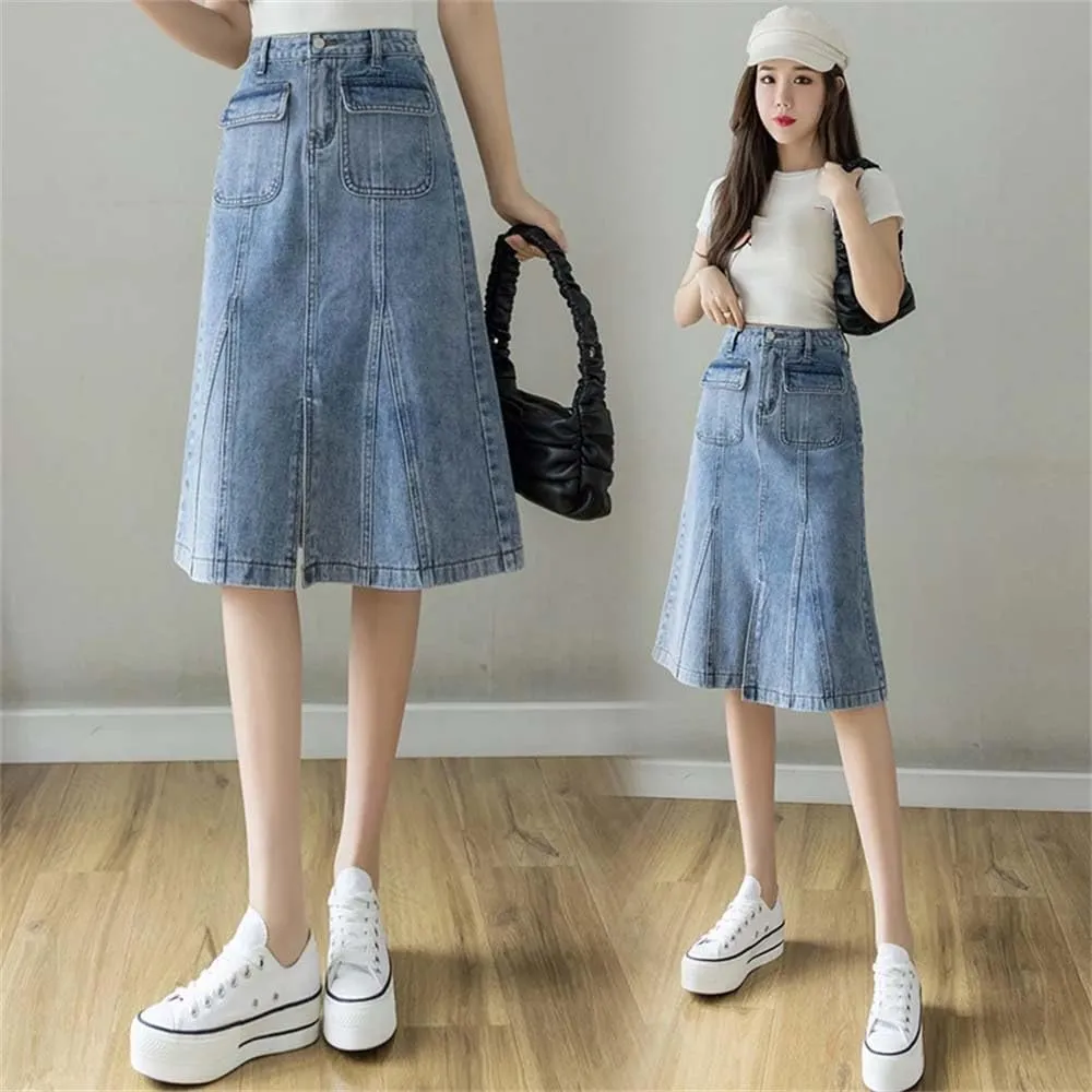 Adhdyuud Women Summer Sexy Denim Skirt Casual Button-Fly A-Line Long Jean Skirts with Pockets