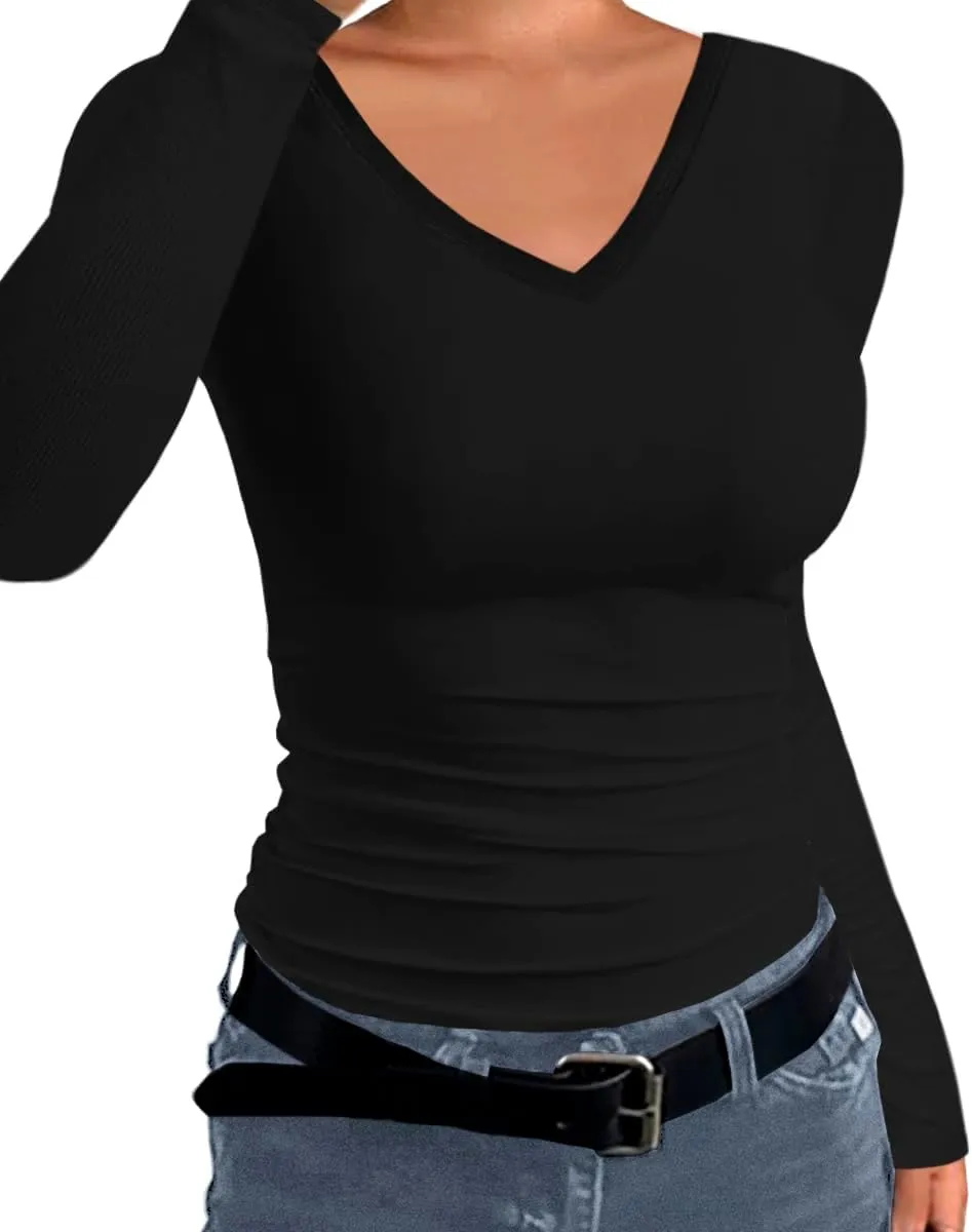 Afibi Women Ribbed Long Sleeve V Neck Slim Fit Stretchy Basic T Shirts Tops