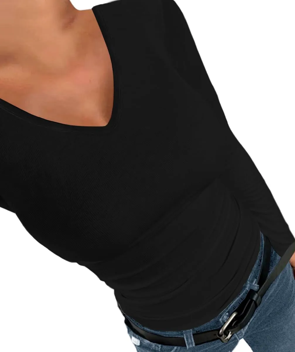 Afibi Women Ribbed Long Sleeve V Neck Slim Fit Stretchy Basic T Shirts Tops