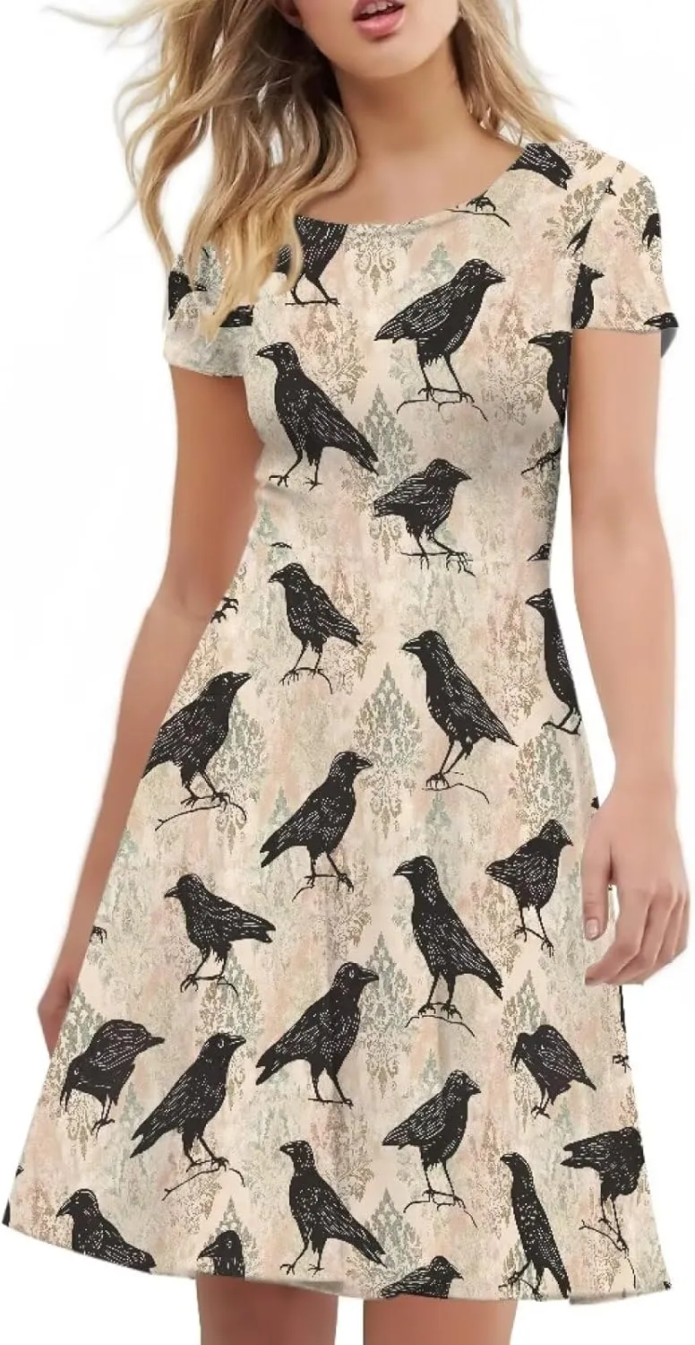 AFPANQZ Womens Casual Summer Lightweight Vintage Dress Short Sleeve Midi Dress Knee-Long Luxury Formal Dress