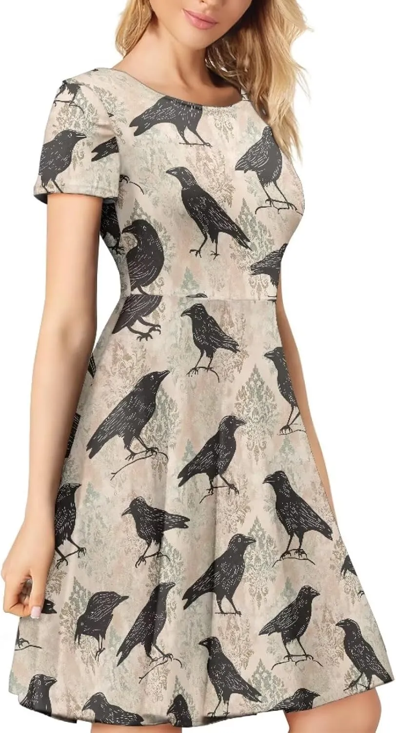 AFPANQZ Womens Casual Summer Lightweight Vintage Dress Short Sleeve Midi Dress Knee-Long Luxury Formal Dress