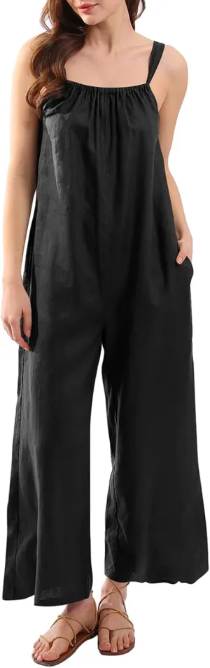 Amazhiyu Womens Pure Linen Loose Sleeveless Back Tie Wide Leg Jumpsuits with Pockets