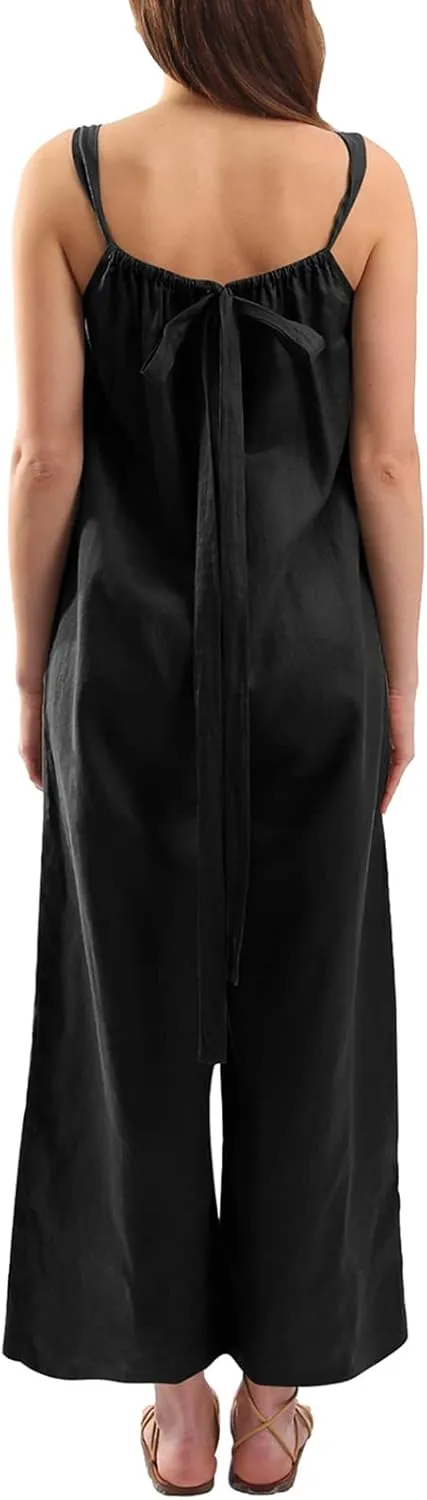 Amazhiyu Womens Pure Linen Loose Sleeveless Back Tie Wide Leg Jumpsuits with Pockets