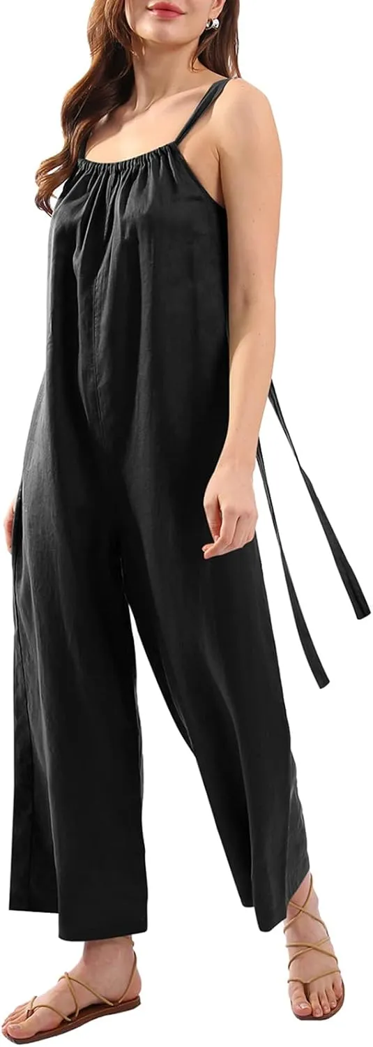 Amazhiyu Womens Pure Linen Loose Sleeveless Back Tie Wide Leg Jumpsuits with Pockets