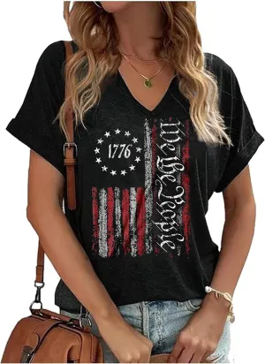 American Flag Shirts Women 4th of July V-Neck Short Sleeve Patriotic T-Shirt Color Block Short Sleeve Summer Tops