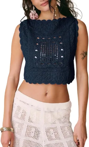 Amiblvowa Knit Vest Top Women Y2k Sexy Summer Slim Fit Crewneck Tank Sleeveless Going Out Knitted Cropped Crochet Sweater