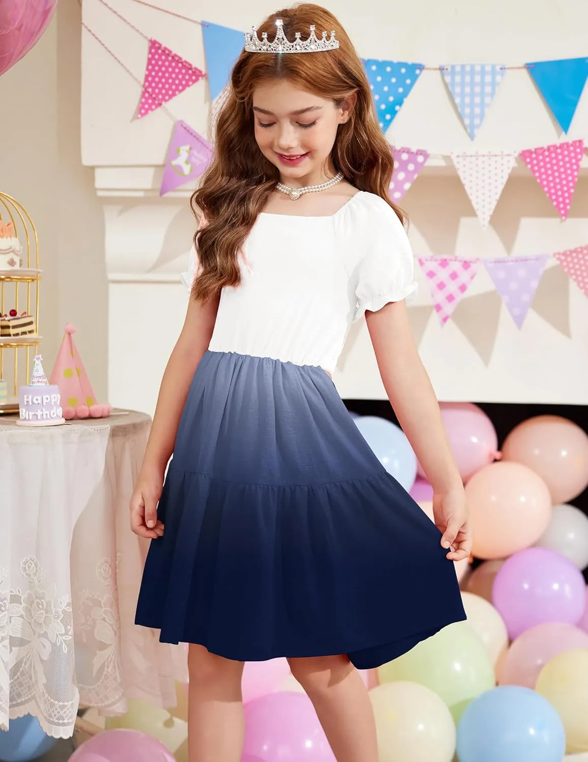 Arshiner Girls Summer Dress Tie Back Short Sleeve Square Neck Tiered Midi Casual Dresses with Pockets