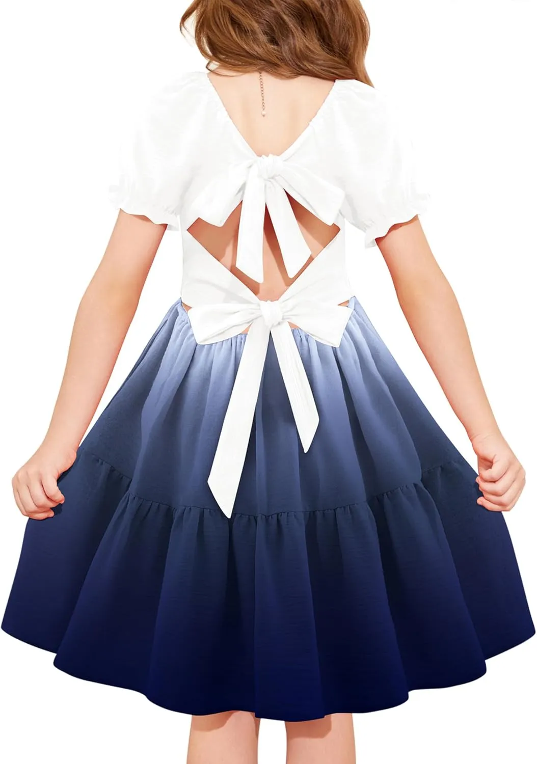 Arshiner Girls Summer Dress Tie Back Short Sleeve Square Neck Tiered Midi Casual Dresses with Pockets