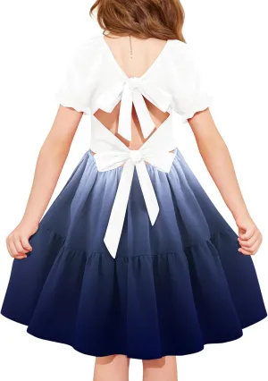 Arshiner Girls Summer Dress Tie Back Short Sleeve Square Neck Tiered Midi Casual Dresses with Pockets