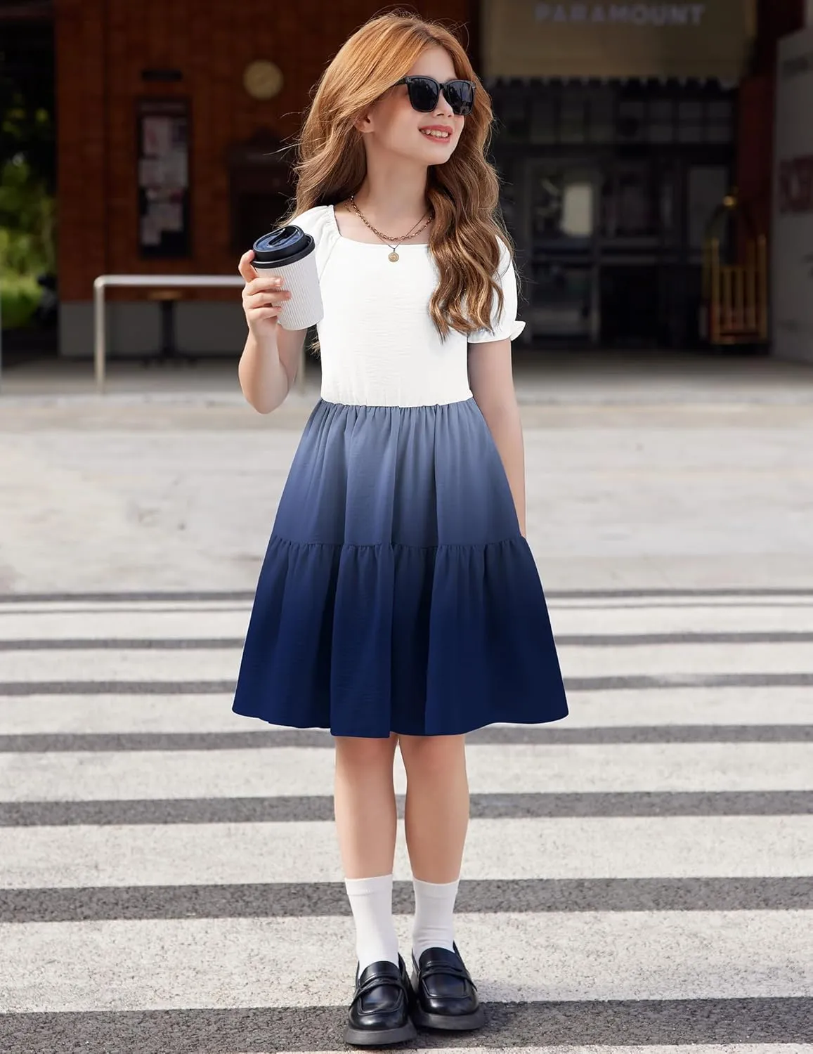 Arshiner Girls Summer Dress Tie Back Short Sleeve Square Neck Tiered Midi Casual Dresses with Pockets