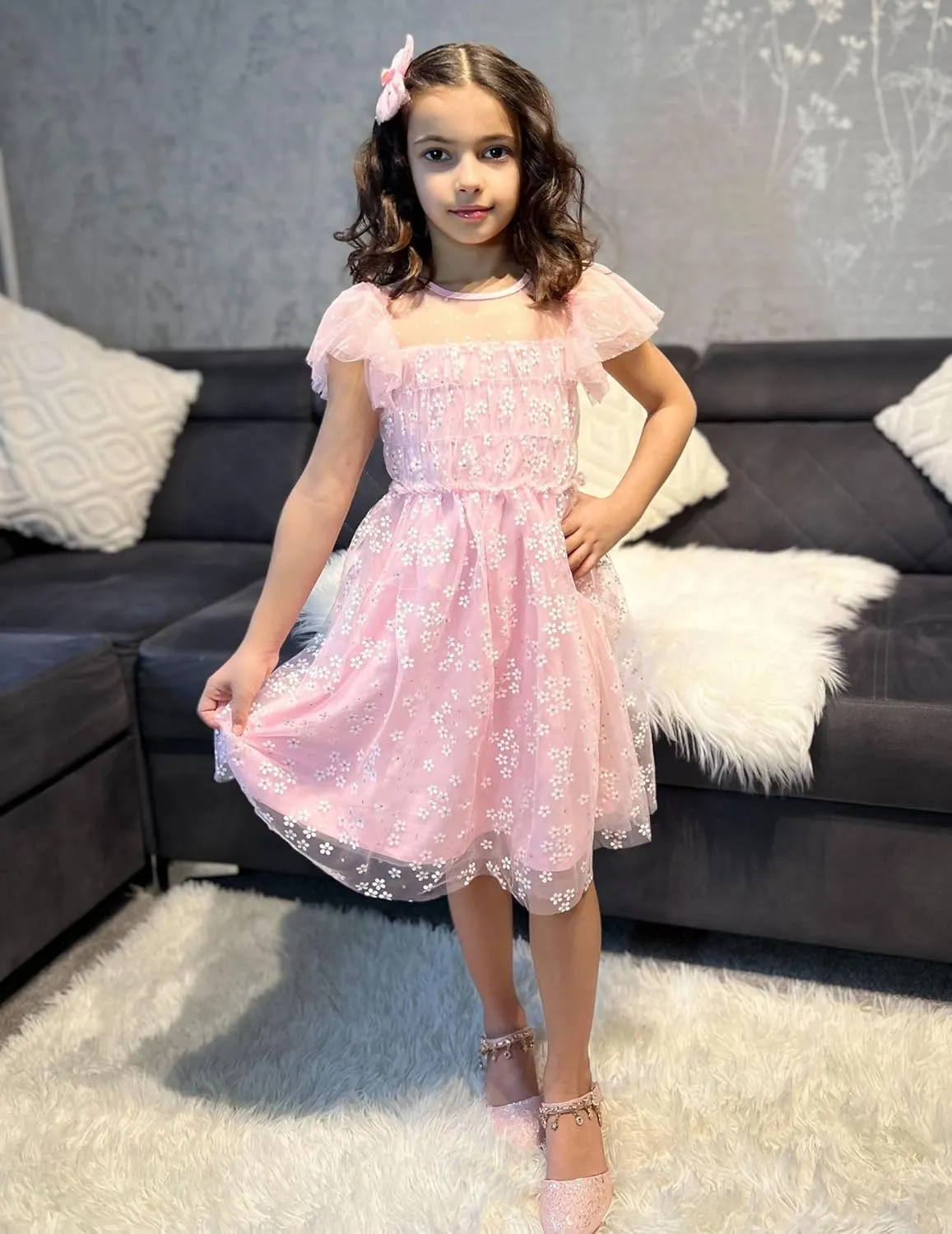 Arshiner Little Girl Dresses Contrast Mesh Ruffle Sleeve Birthday Holiday Princess Toddler Tulle Dress for 2-7 Years Old