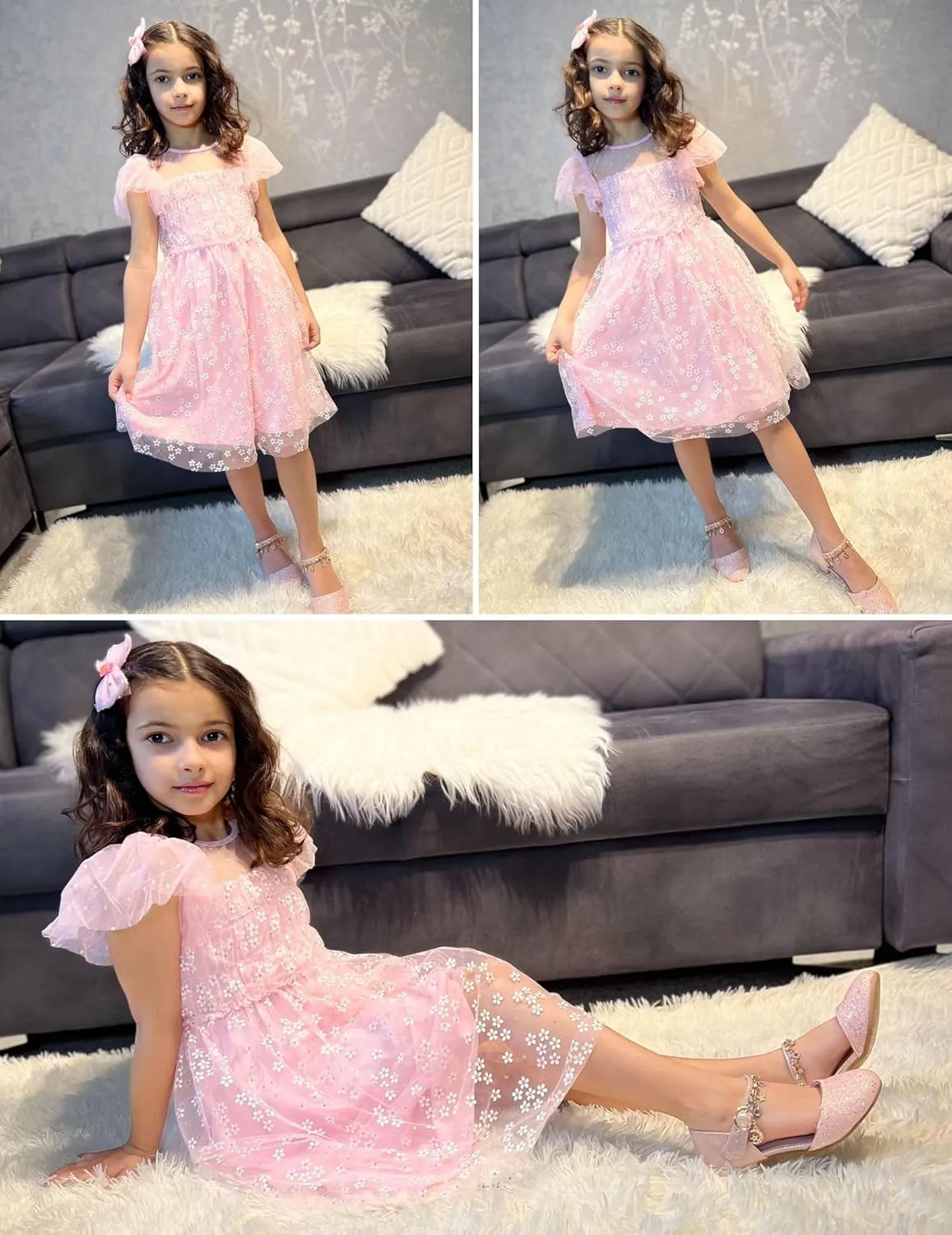 Arshiner Little Girl Dresses Contrast Mesh Ruffle Sleeve Birthday Holiday Princess Toddler Tulle Dress for 2-7 Years Old
