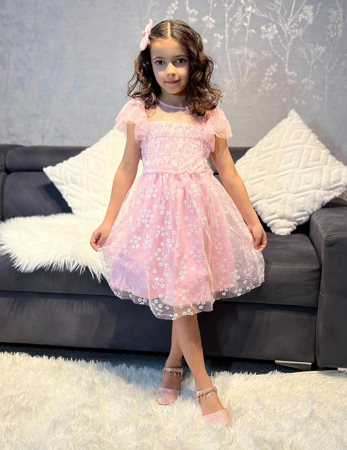 Arshiner Little Girl Dresses Contrast Mesh Ruffle Sleeve Birthday Holiday Princess Toddler Tulle Dress for 2-7 Years Old