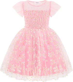 Arshiner Little Girl Dresses Contrast Mesh Ruffle Sleeve Birthday Holiday Princess Toddler Tulle Dress for 2-7 Years Old