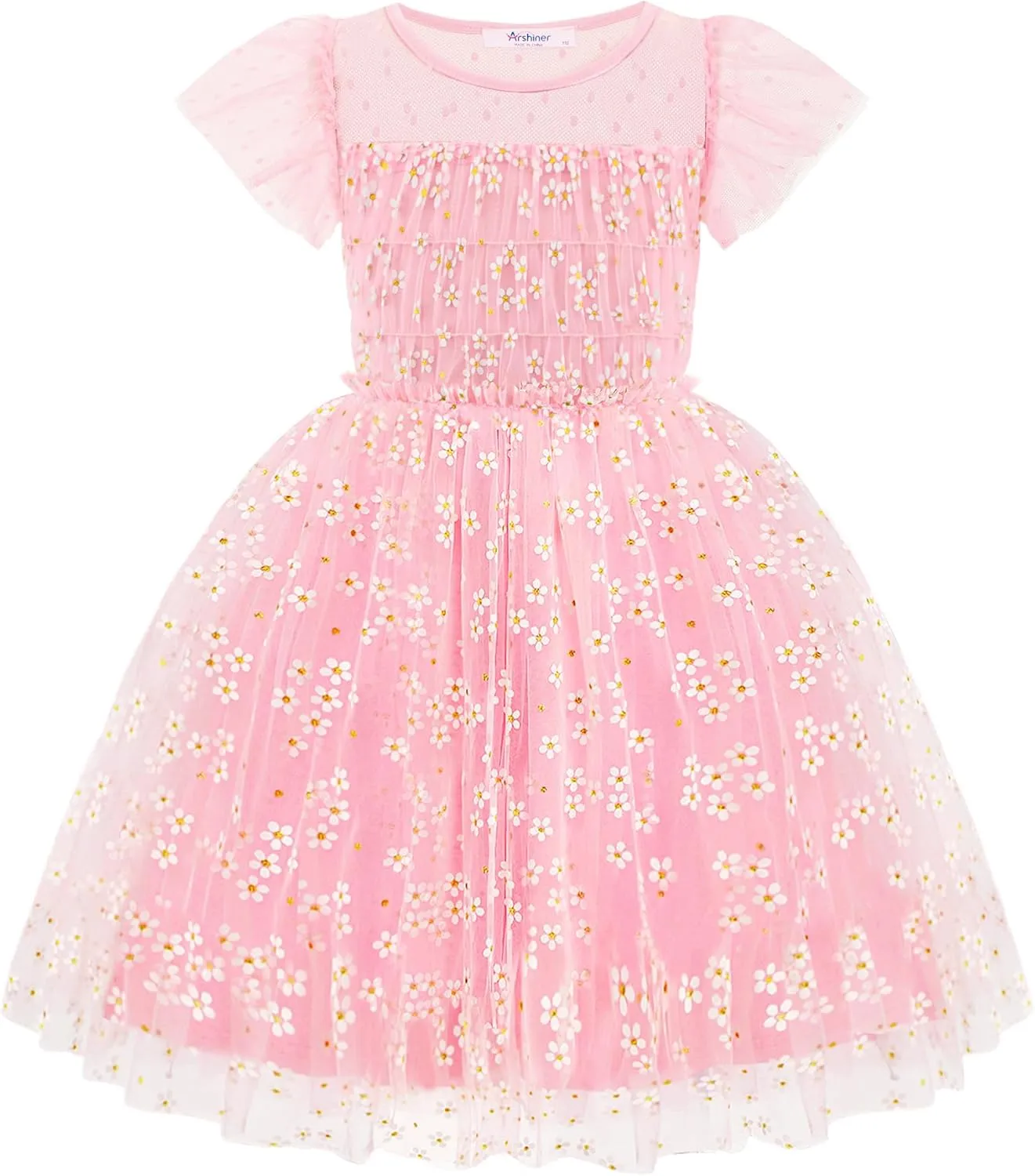 Arshiner Little Girl Dresses Contrast Mesh Ruffle Sleeve Birthday Holiday Princess Toddler Tulle Dress for 2-7 Years Old