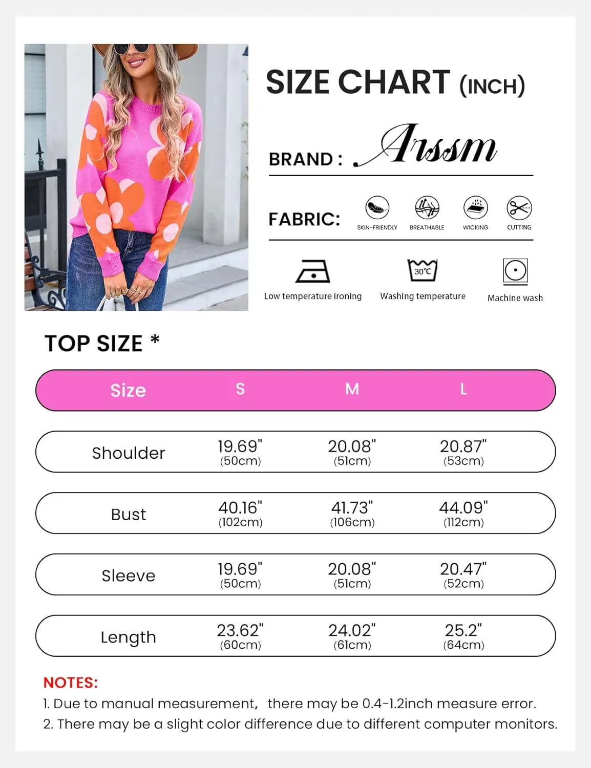 Arssm Womens Flower Pullover Sweater Casual Crew Neck Long Sleeve Cable Knit Sweater Top Cute Fall Outfits