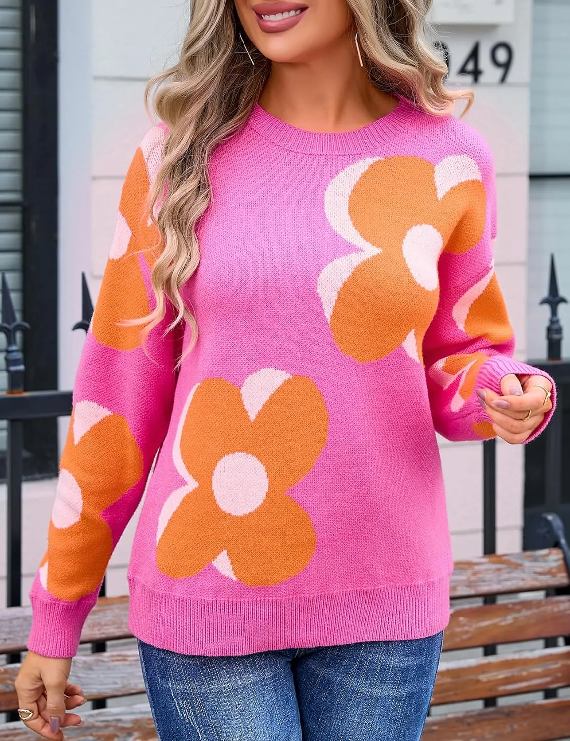 Arssm Womens Flower Pullover Sweater Casual Crew Neck Long Sleeve Cable Knit Sweater Top Cute Fall Outfits