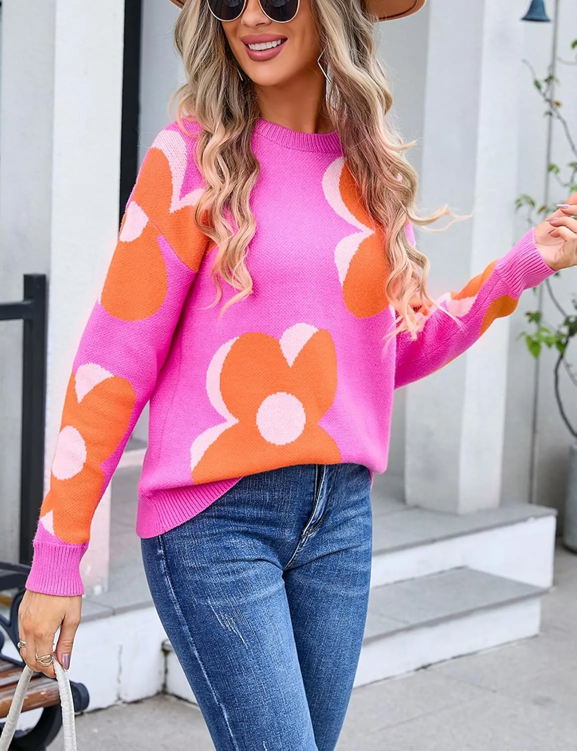 Arssm Womens Flower Pullover Sweater Casual Crew Neck Long Sleeve Cable Knit Sweater Top Cute Fall Outfits