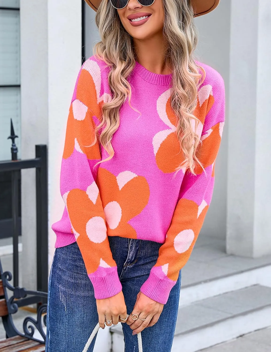 Arssm Womens Flower Pullover Sweater Casual Crew Neck Long Sleeve Cable Knit Sweater Top Cute Fall Outfits