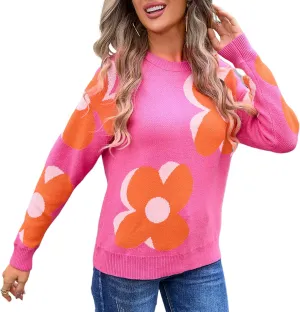 Arssm Womens Flower Pullover Sweater Casual Crew Neck Long Sleeve Cable Knit Sweater Top Cute Fall Outfits
