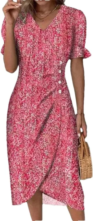 Autumn Floral Bodycon Midi Dress for Women V Neck Long Sleeve Ruched Slim Fit Dresses Sexy Dresses