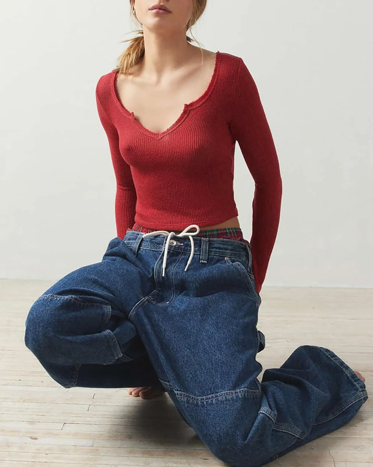 BAIMORE Women's Sexy V Neck Long Sleeve Slim Fit Crop Ribbed Knit T Shirt
