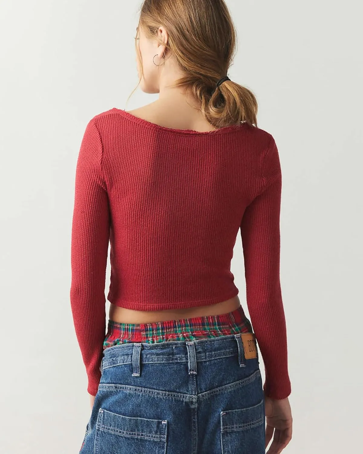 BAIMORE Women's Sexy V Neck Long Sleeve Slim Fit Crop Ribbed Knit T Shirt