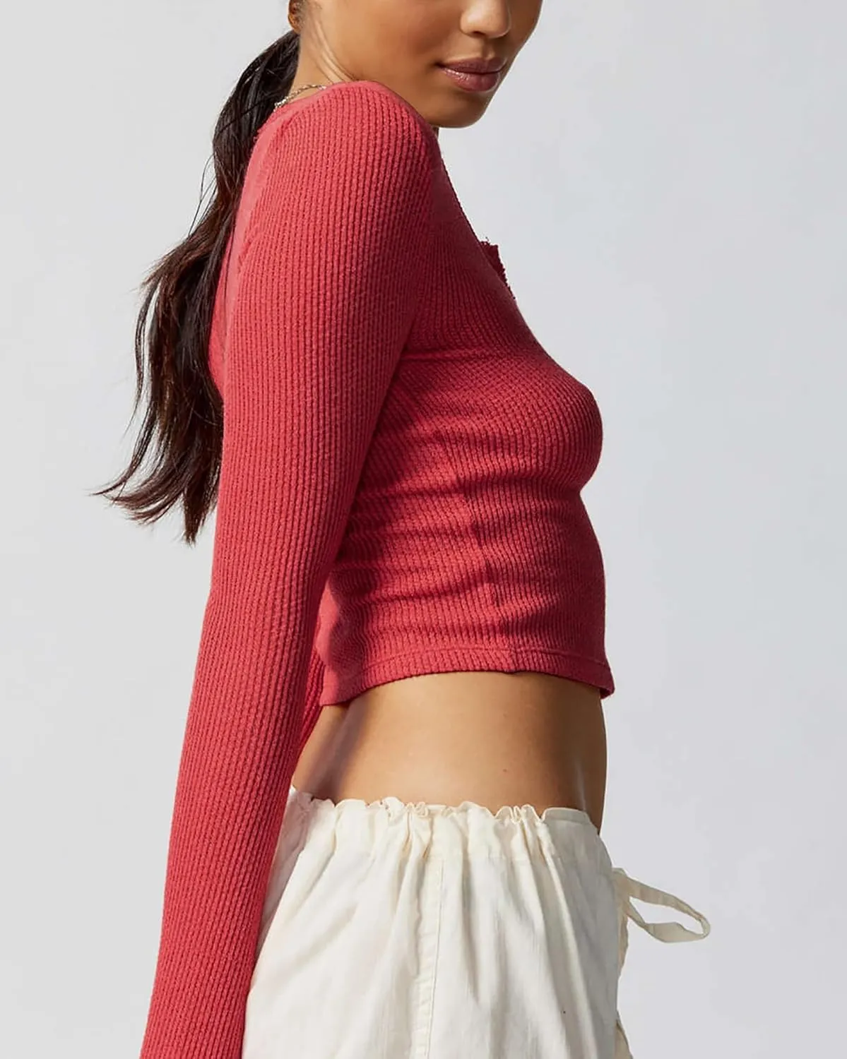 BAIMORE Women's Sexy V Neck Long Sleeve Slim Fit Crop Ribbed Knit T Shirt