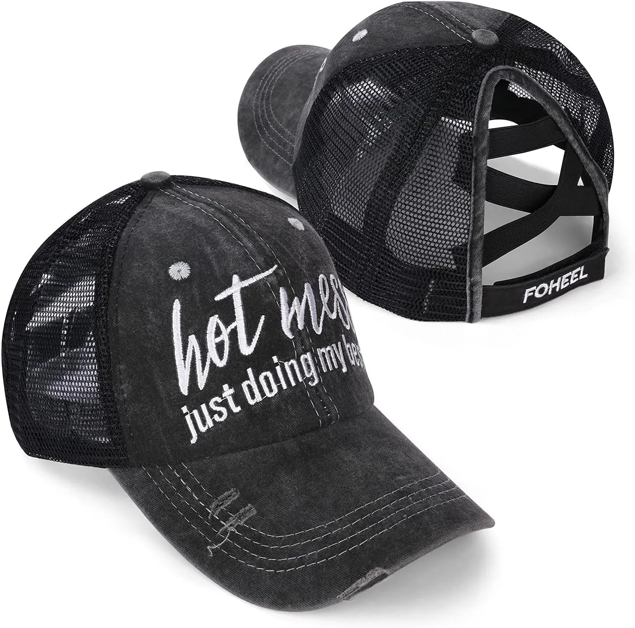 Baseball Cap Hot Criss Cross Ponytail Hat for Women Distressed Messy Bun Trucker Hat Pony Cap Hot Mess hat