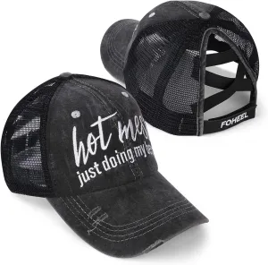 Baseball Cap Hot Criss Cross Ponytail Hat for Women Distressed Messy Bun Trucker Hat Pony Cap Hot Mess hat