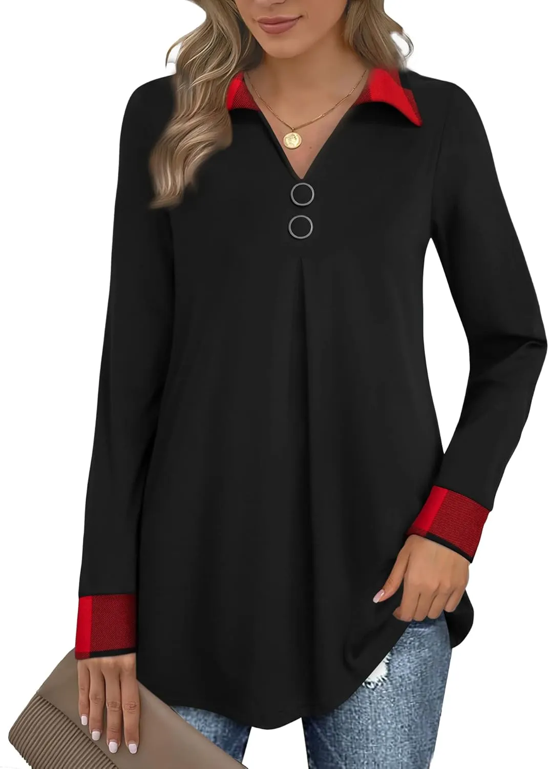 Bebonnie Womens Long Sleeve Casual Lapel V Neck Pullover Tunic Blouse Tops with Buttons