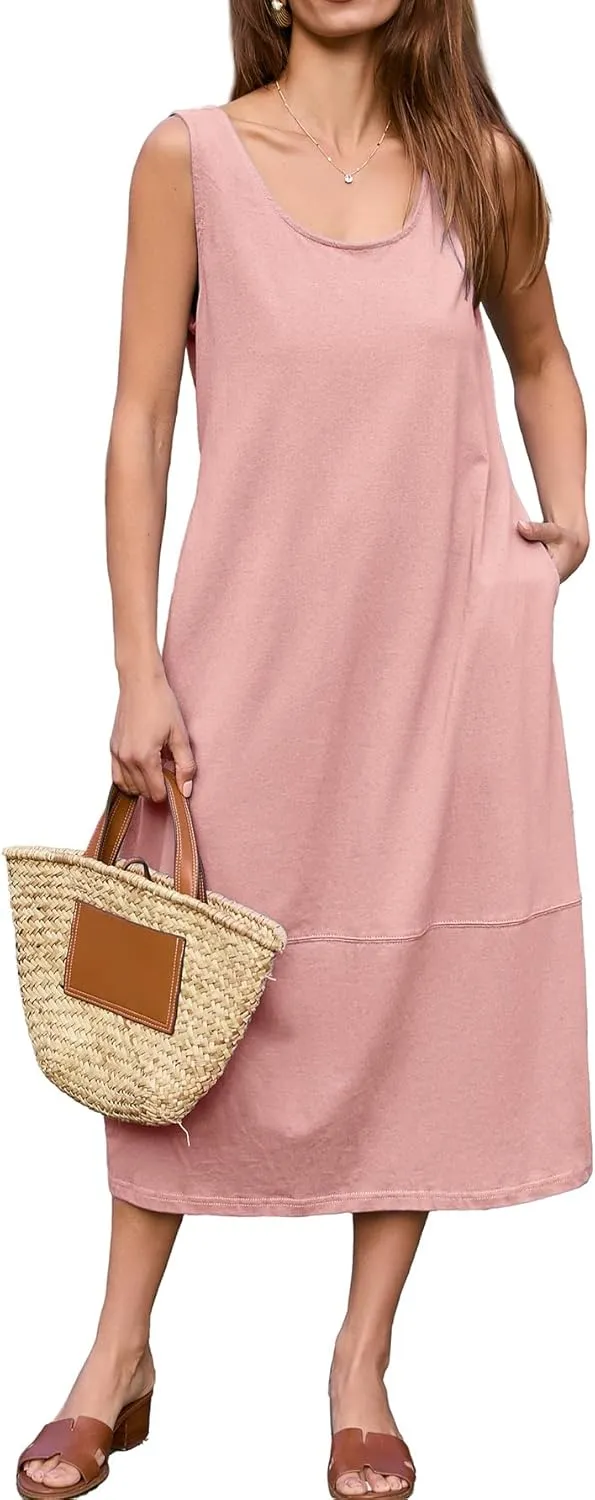 BerryGo Women's Loose Casual Midi Cotton Dresses Sundress Sleeveless Beach Summer Trendy Tank Top Dress with Pockets