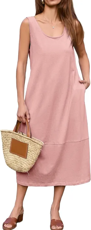 BerryGo Women's Loose Casual Midi Cotton Dresses Sundress Sleeveless Beach Summer Trendy Tank Top Dress with Pockets