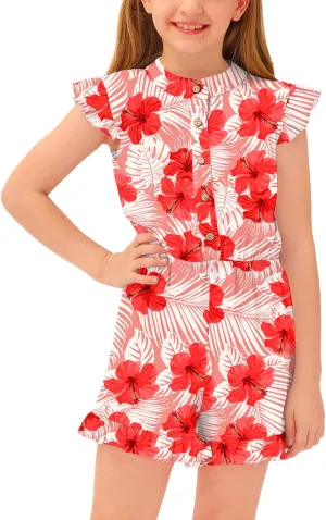 BesserBay Girl's Summer Ruffled Flutter-Sleeve Jumpsuit Button Down Crewneck Romper 5-14 Years