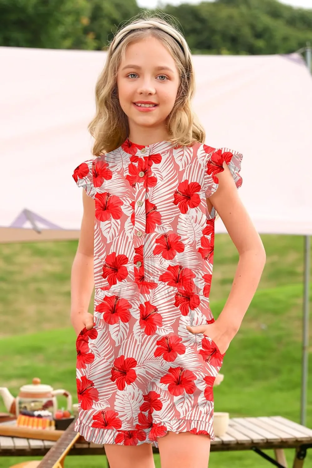 BesserBay Girl's Summer Ruffled Flutter-Sleeve Jumpsuit Button Down Crewneck Romper 5-14 Years