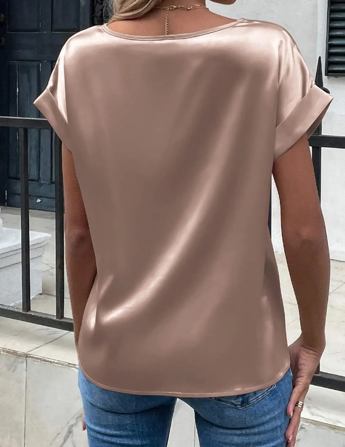 Beyove Women's Short Sleeve Pullover Blouses Satin Silk Shirts Casual Loose Elegant Work Tunic Tops