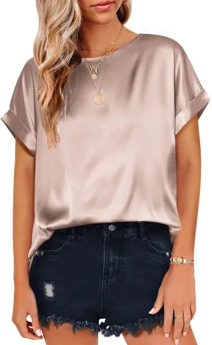 Beyove Women's Short Sleeve Pullover Blouses Satin Silk Shirts Casual Loose Elegant Work Tunic Tops