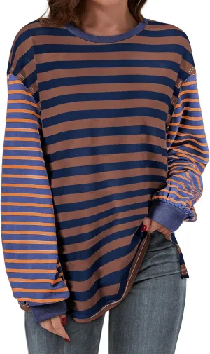 BLENCOT Women's Oversized Patchwork T Shirts Fall Long Sleeve Striped Color Block Loose Fit Pullover Tops