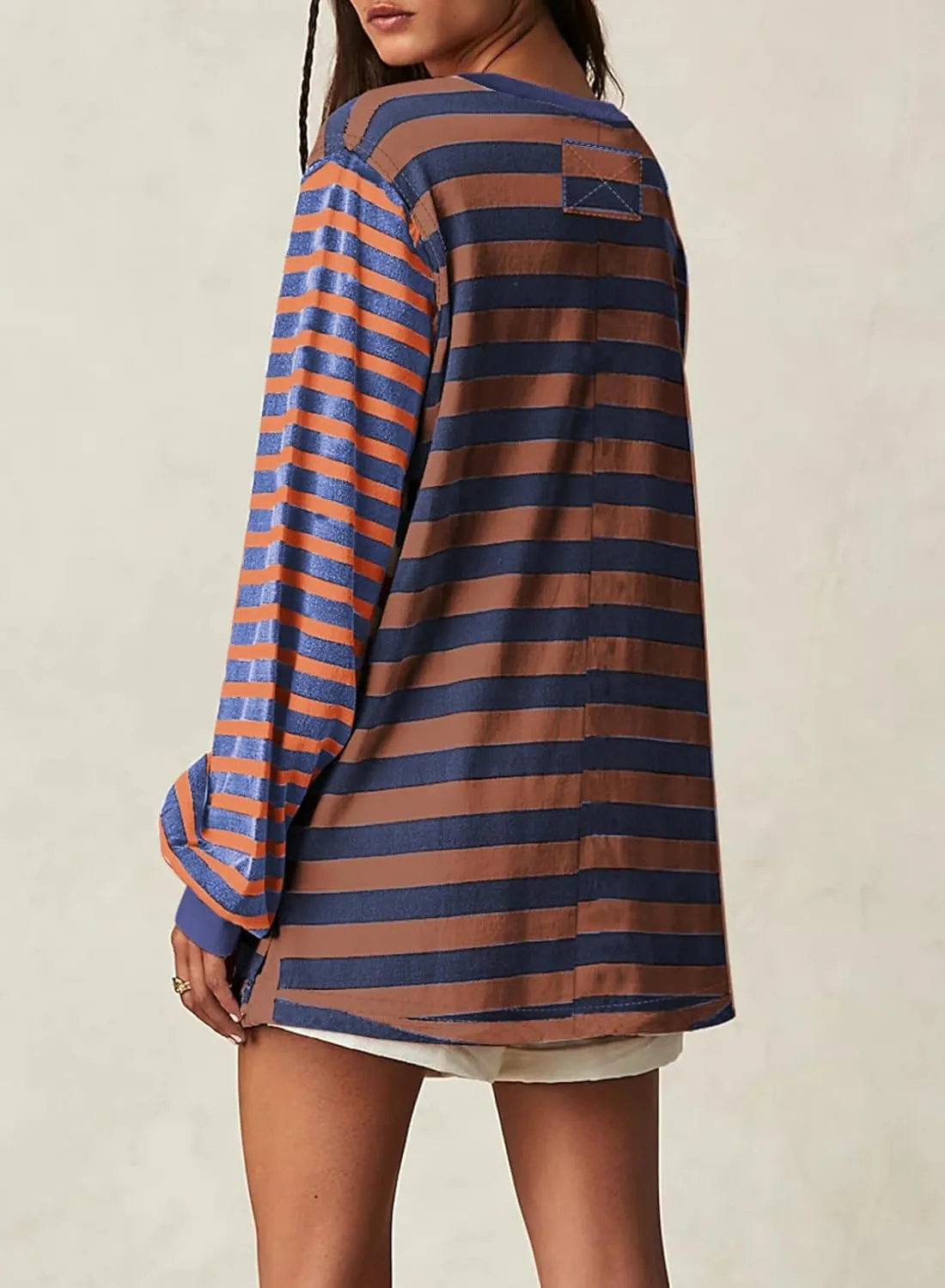BLENCOT Women's Oversized Patchwork T Shirts Fall Long Sleeve Striped Color Block Loose Fit Pullover Tops