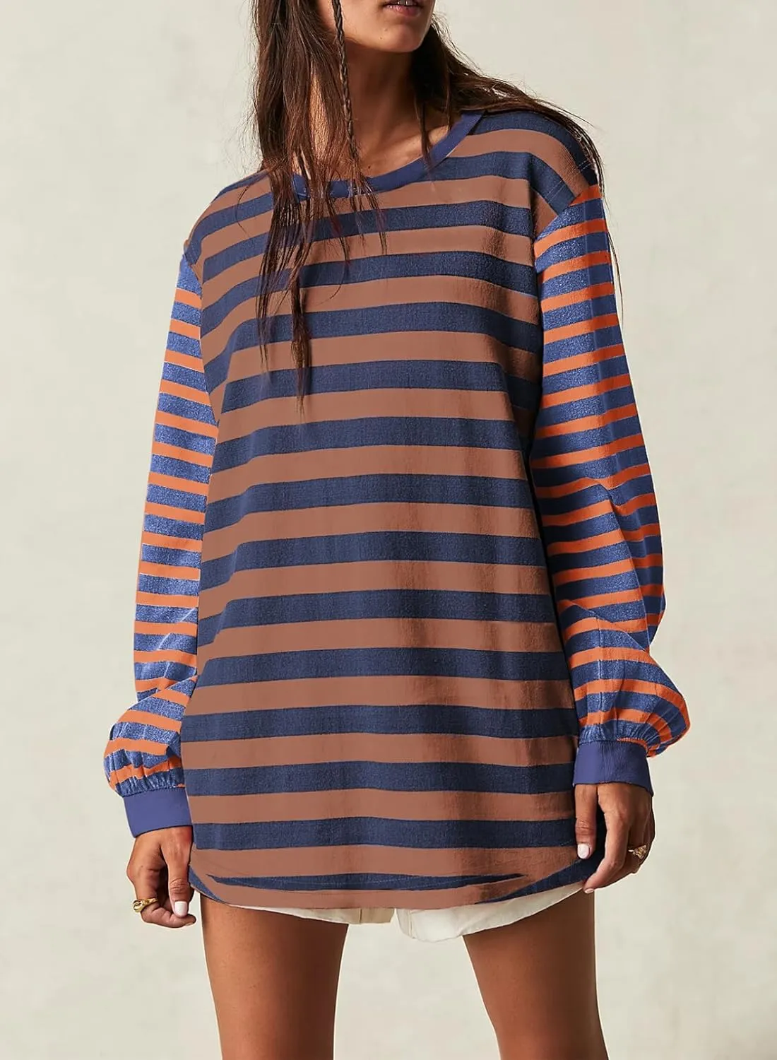 BLENCOT Women's Oversized Patchwork T Shirts Fall Long Sleeve Striped Color Block Loose Fit Pullover Tops