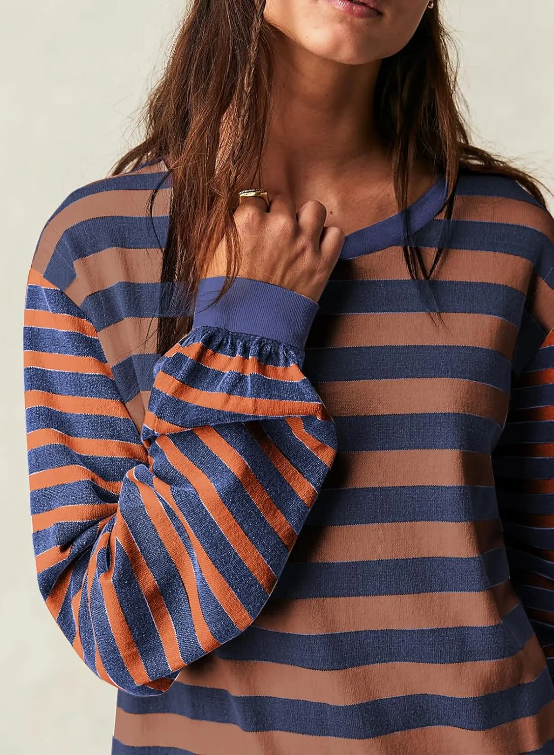BLENCOT Women's Oversized Patchwork T Shirts Fall Long Sleeve Striped Color Block Loose Fit Pullover Tops
