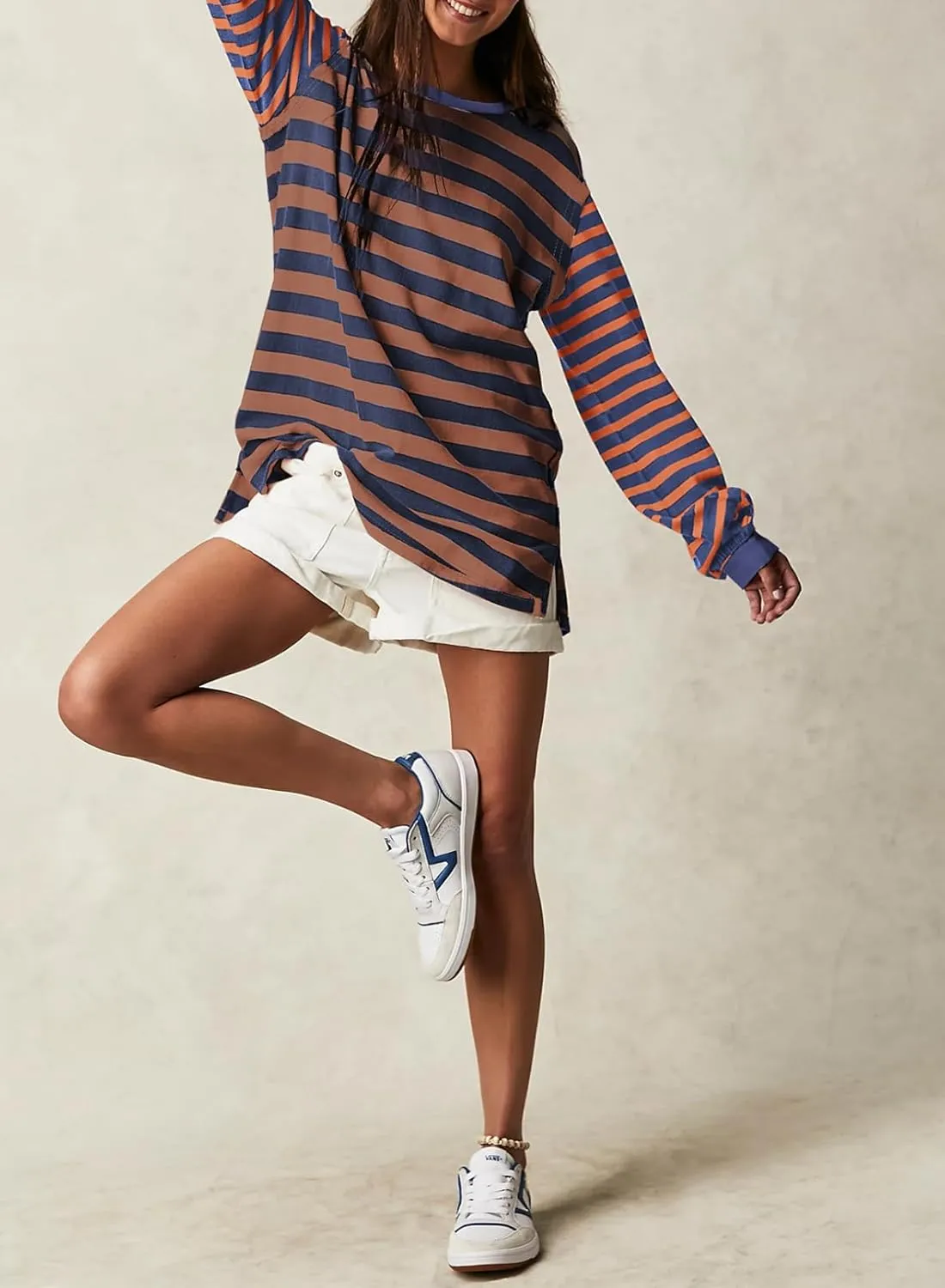BLENCOT Women's Oversized Patchwork T Shirts Fall Long Sleeve Striped Color Block Loose Fit Pullover Tops