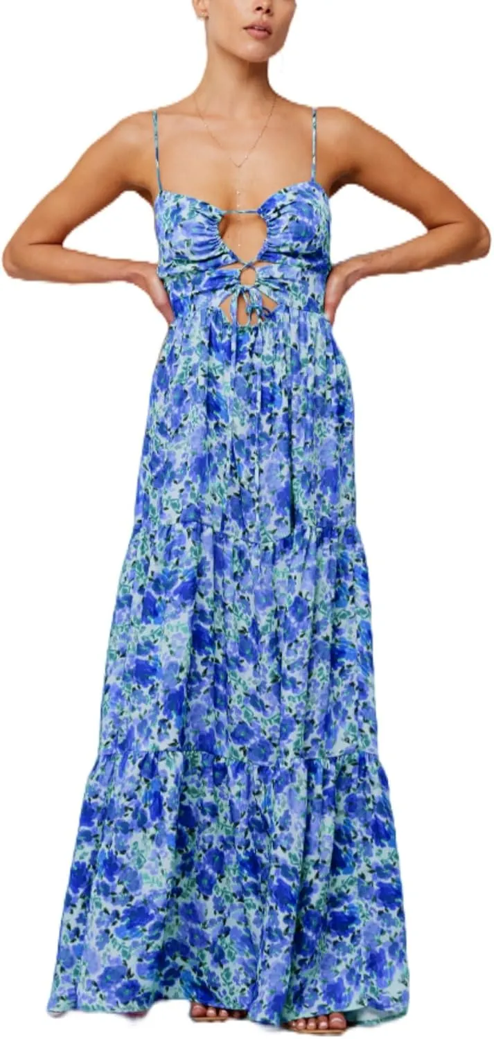 Bohemian Smocked Maxi Dresses for Women Summer Spaghetti Strap Floral Print Sundress Ruffle Color Block Tiered Dress
