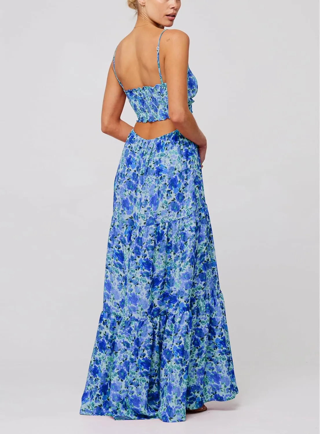 Bohemian Smocked Maxi Dresses for Women Summer Spaghetti Strap Floral Print Sundress Ruffle Color Block Tiered Dress